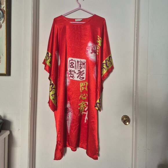 satin caftan dress with asian style patterns - Picture 1 of 3